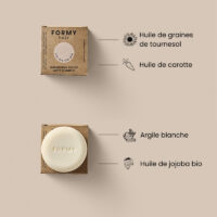 Les 4 ingrédients phares de mon Shampoing solide pour tous types de cheveux. Il contient notamment de l'argile blanche et de l'huile de jojoba bio