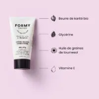 Illustration des 4 ingrédients naturels phares de ma crème mains. Elle contient notamment du beurre de karité bio