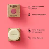 Les 4 ingrédients phares de mon Shampoing solide pour cheveux colorés et méchés. Il contient notamment de l'huile d'amande douce et du beurre de karité bio