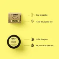 Les 4 ingrédients phares de mon baume pour les lèvres. Il contient notamment de la cire d'abeille et du beurre de karité bio